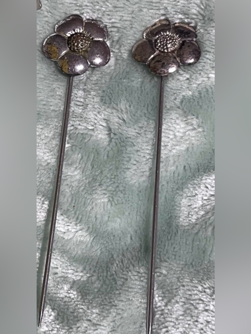 Pair of Vintage Floral Hat Pins Hair Pins Antiqued Metal Flower Design